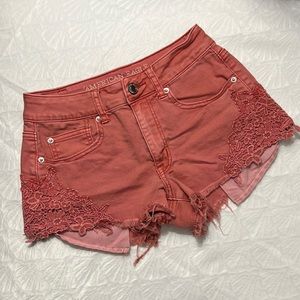 American Eagle Hi-Rise Festival Pink Denim Stretch Shorts with Lace sides